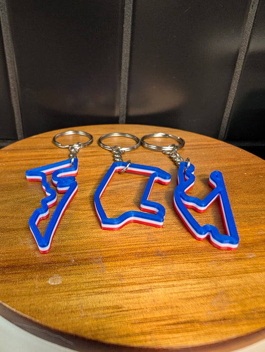 USA F1 race track keychain 3 pack (COTA, Las Vegas, Miami) in Red/White/Blue