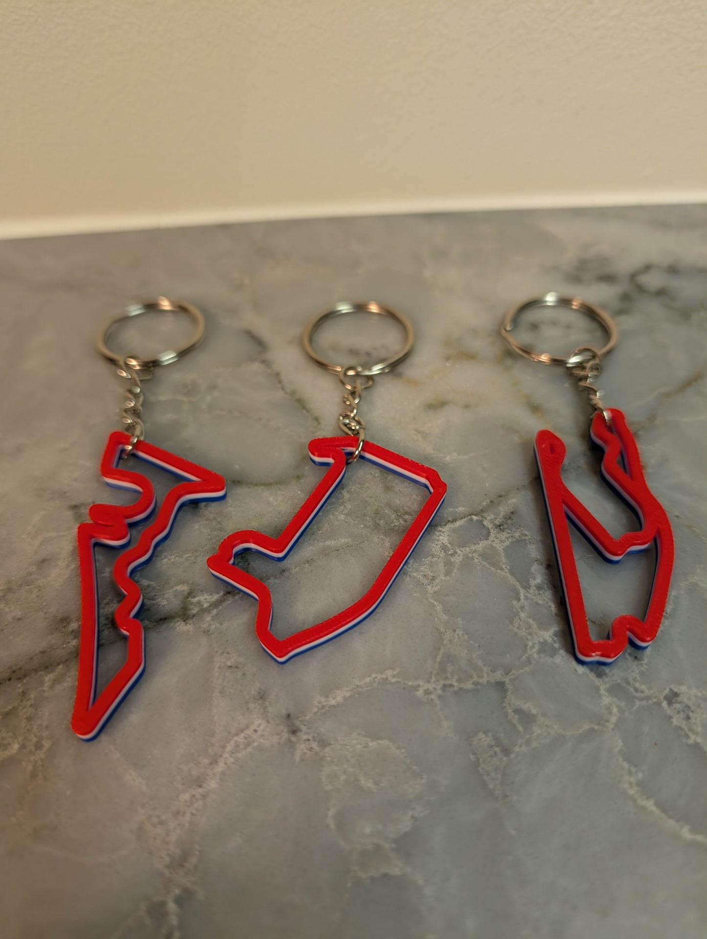 USA F1 race track keychain 3 pack (COTA, Las Vegas, Miami) in Red/White/Blue